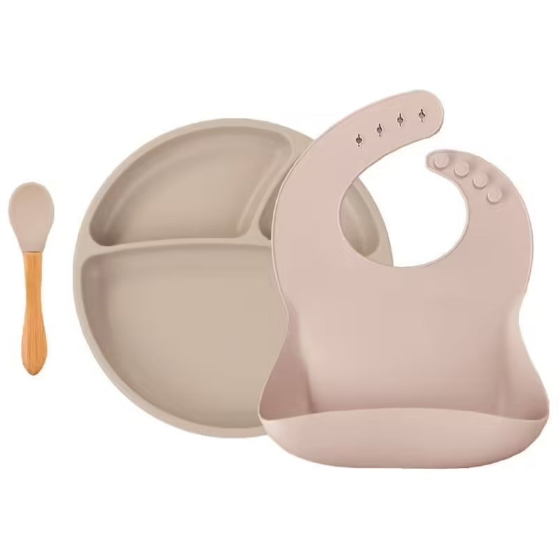 Set repas bébé en silicone – Assiette, cuillère et bavoir