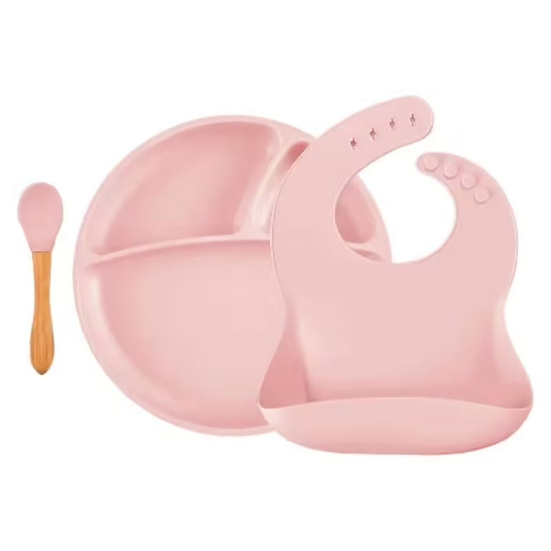 Set repas bébé en silicone – Assiette, cuillère et bavoir