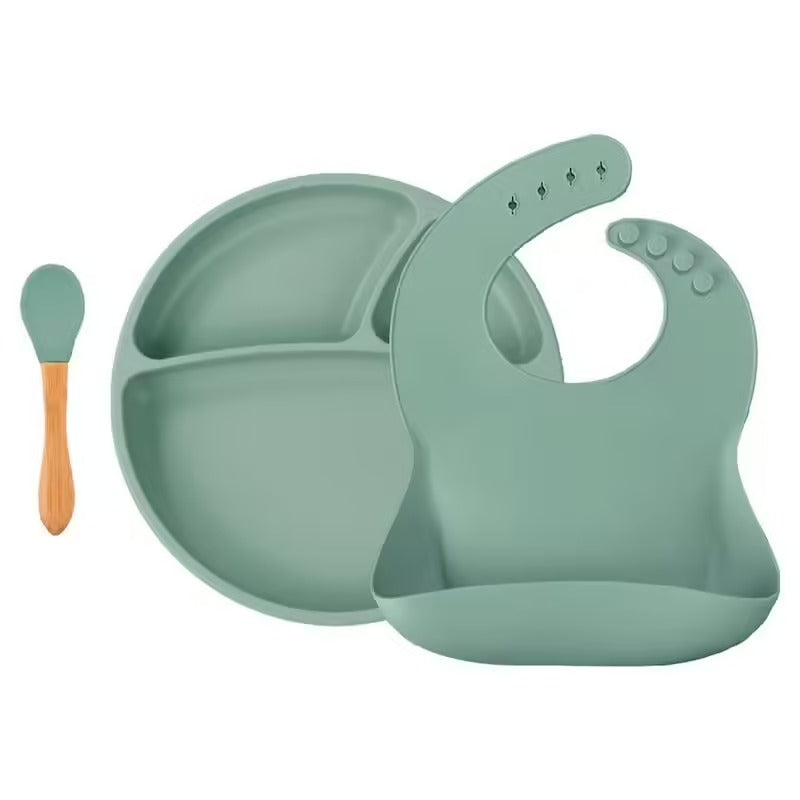 Set repas bébé en silicone – Assiette, cuillère et bavoir