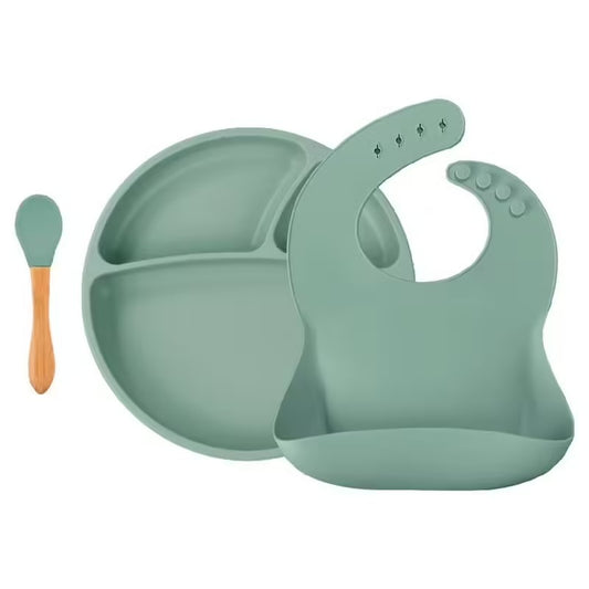 Set repas bébé en silicone – Assiette, cuillère et bavoir