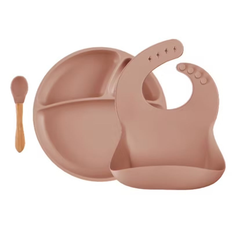 Set repas bébé en silicone – Assiette, cuillère et bavoir