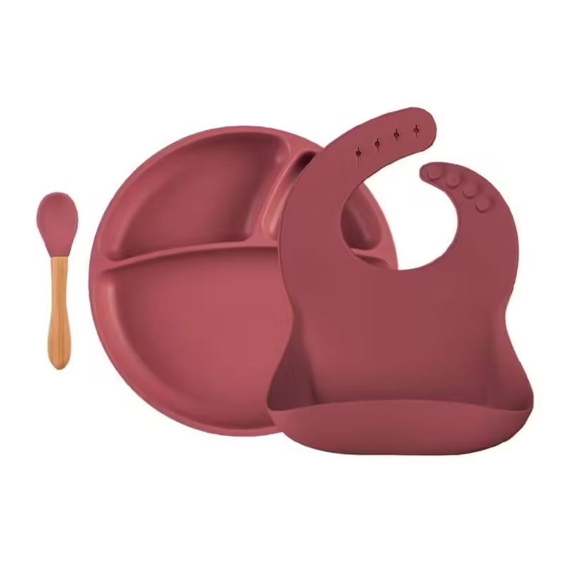 Set repas bébé en silicone – Assiette, cuillère et bavoir